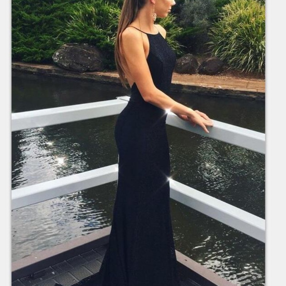 Long black halter lace neck